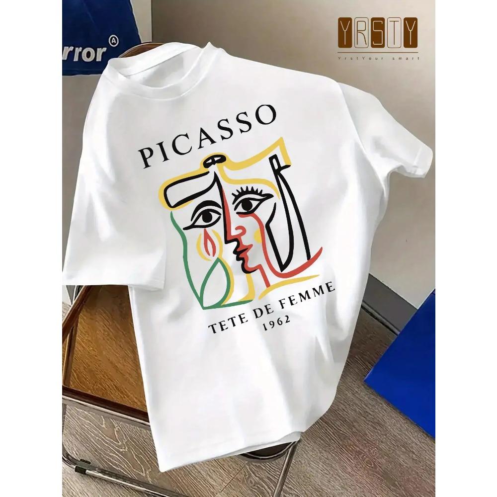 Mens Picasso Woman Head Portrait Print T-Shirt Cotton Loose-Fitting Outdoors Short Sleeve Street