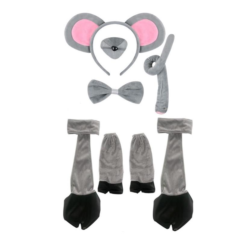 Maus/Esel/Schwein/Schaf Kostüm Set Ohren Schwanz Fliege Krawatte Nase Tier Kostümset Zubehör für Halloween Cosplay gray