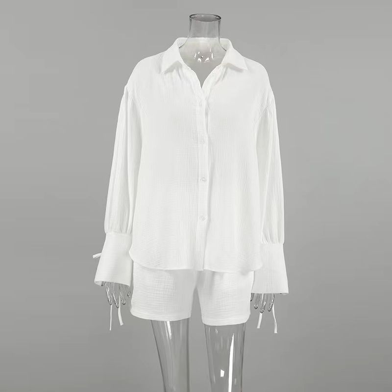 

Fashion Style Loose Long Sleeves Shirt Shorts Suit Loose Fitting Shirt and Shorts Set White S