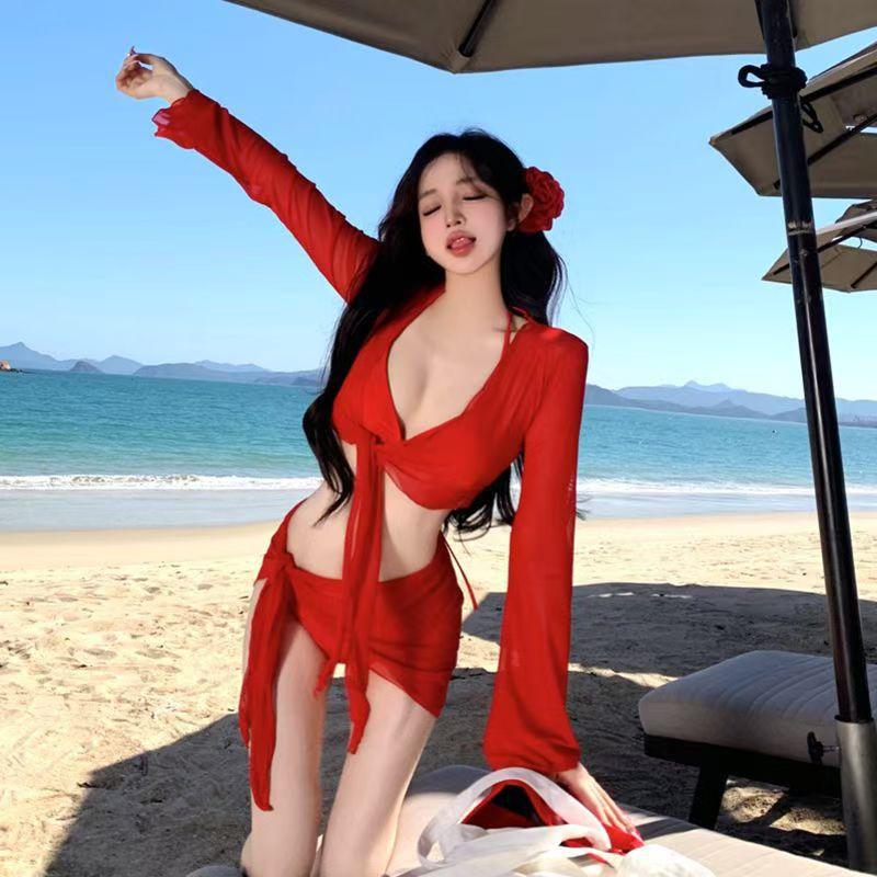 Mosricci Pure Lust Big Red White Sexy Bikini Four-piece Split Swimsuit Women's Long Sleeve Meat Cover Vacation