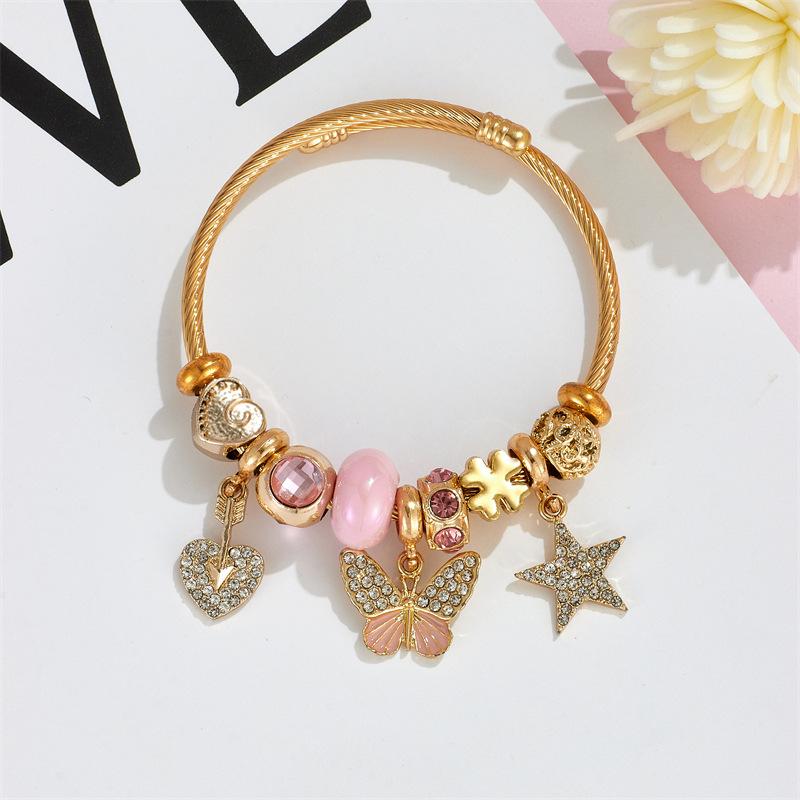Wind Theme Diamond Heart Beaded Bracelet with Butterfly and Star Charms Stainless Steel Bangle for Girls