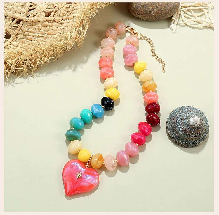 Rainbow Resin Bead Necklace for Women, Chunky Pave Crystal Large Heart Pendant, Dopamine Summer Beach Y2K Statement Jewelry