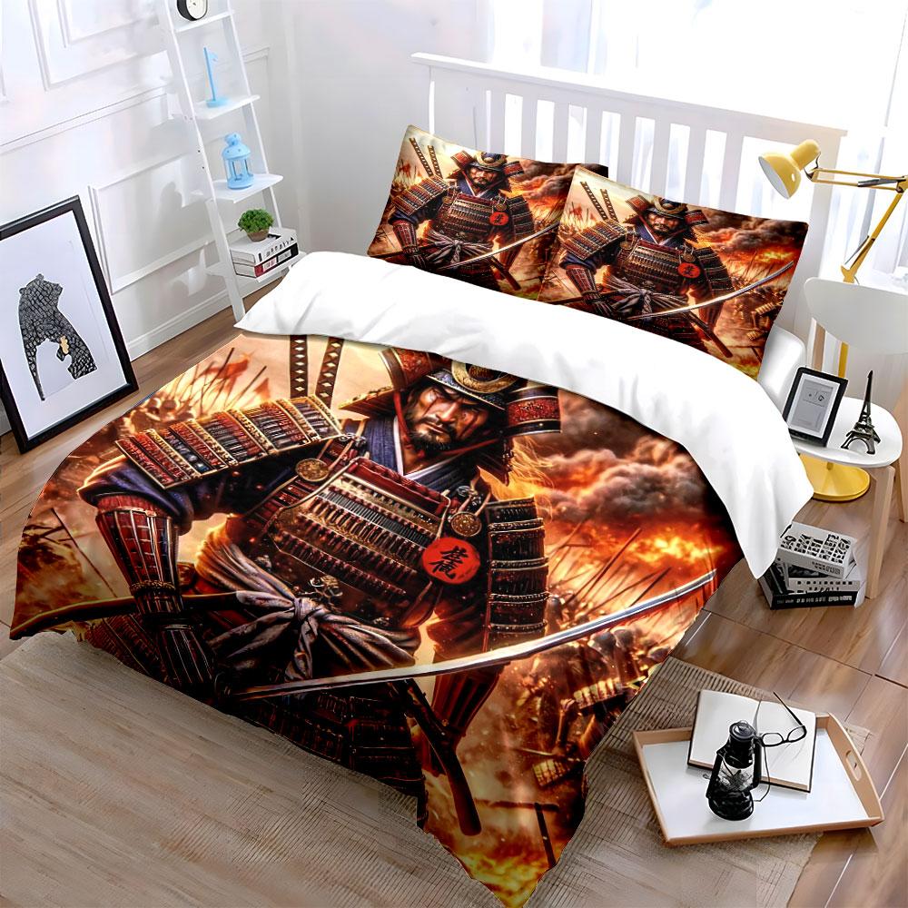 Samurai Armor Themed Three-Piece Set Bedding Set with 1 Duvet Cover 2 Pillowcases Single Double King Queen, Gift