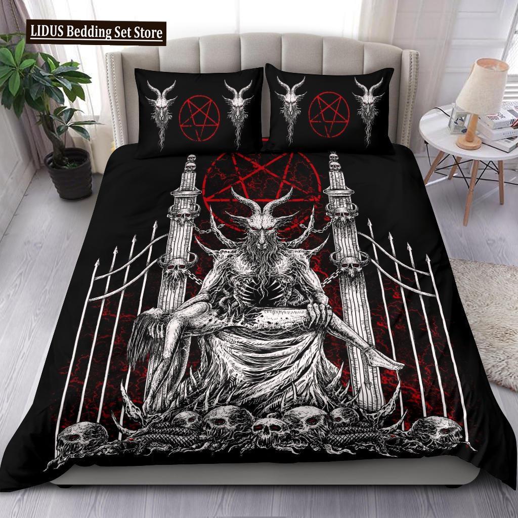 Skull Skeleton Satanic Goat Skull Duvet Cover Set Trophy Demon Breed Bedding Sets Night Blue Pink Satanic Baphomet Quilt Cover