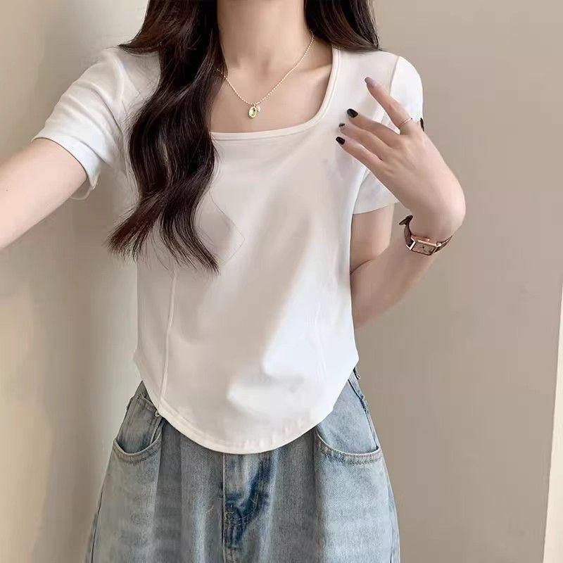 Damen T-Shirt mit kurzen Ärmeln im Sommer Neues Slim-Fit und reines Design Quadratischer Kragen Kurzes Oberteil