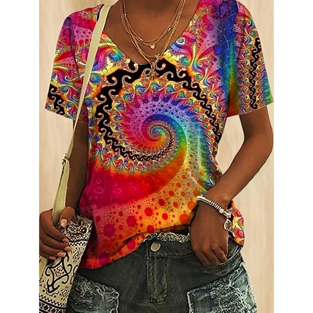 Women's T-shirt Yellow Red Blue Print Pattern Daily Weekend Short Sleeve V-Neck Basic Regular Painting