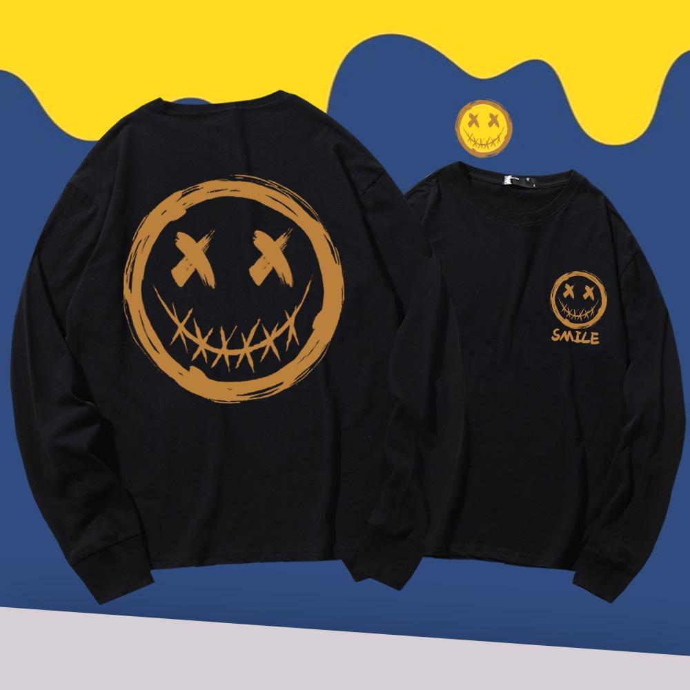 Japanese long-sleeved T-shirt men's summer tide personality graffiti smiley face print little devil grimace Hong Kong style loose top