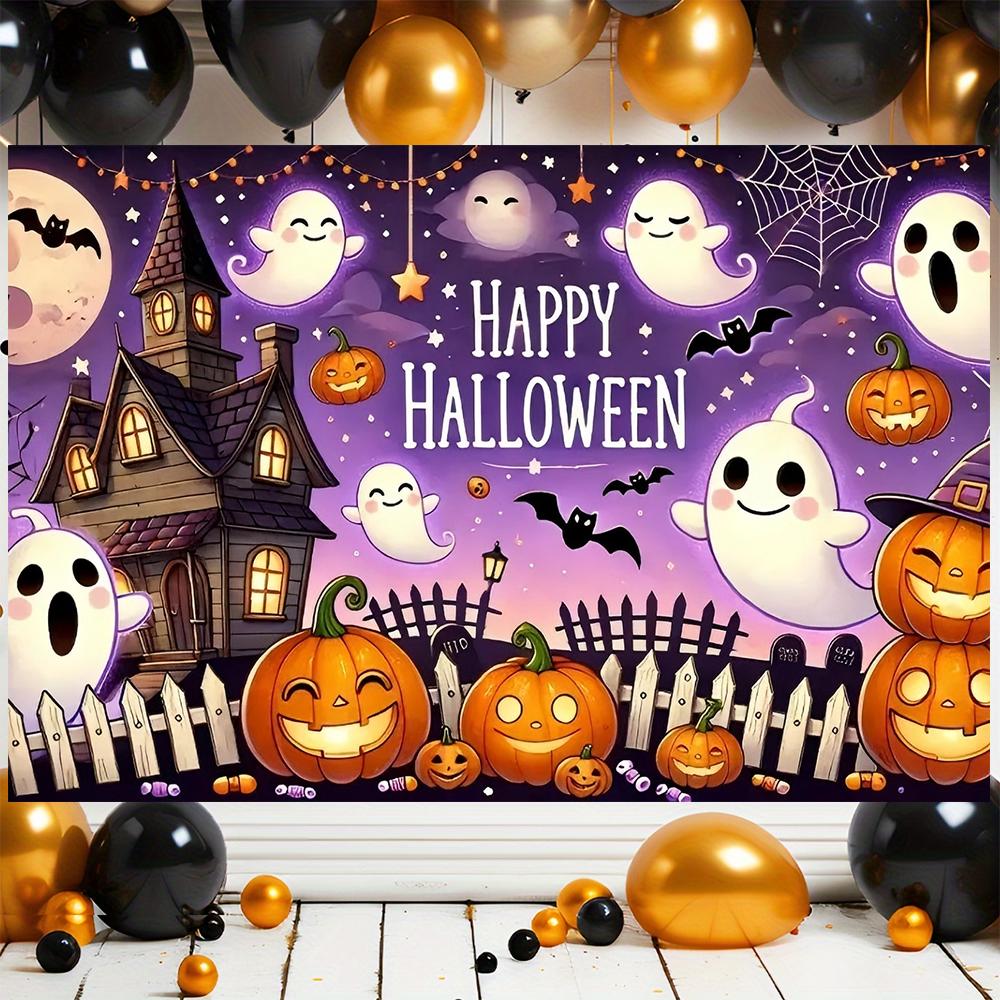 1pc Halloween Background Banner Smiling Pumpkin Lantern Colorful Polyester Backboard Fabric Suitable for Family Gatherings We