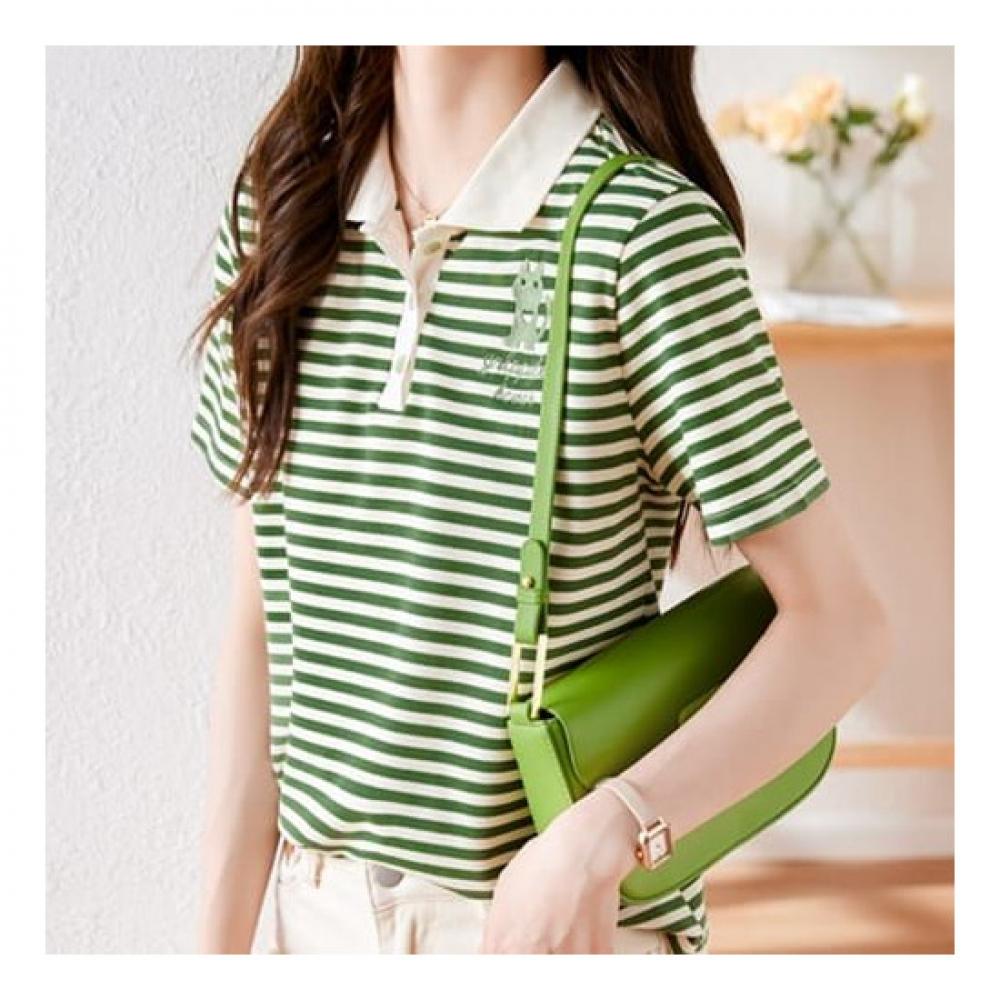 Navava Casual Cat Embroidery Striped Short Sleeve Polo Shirt Nt677
