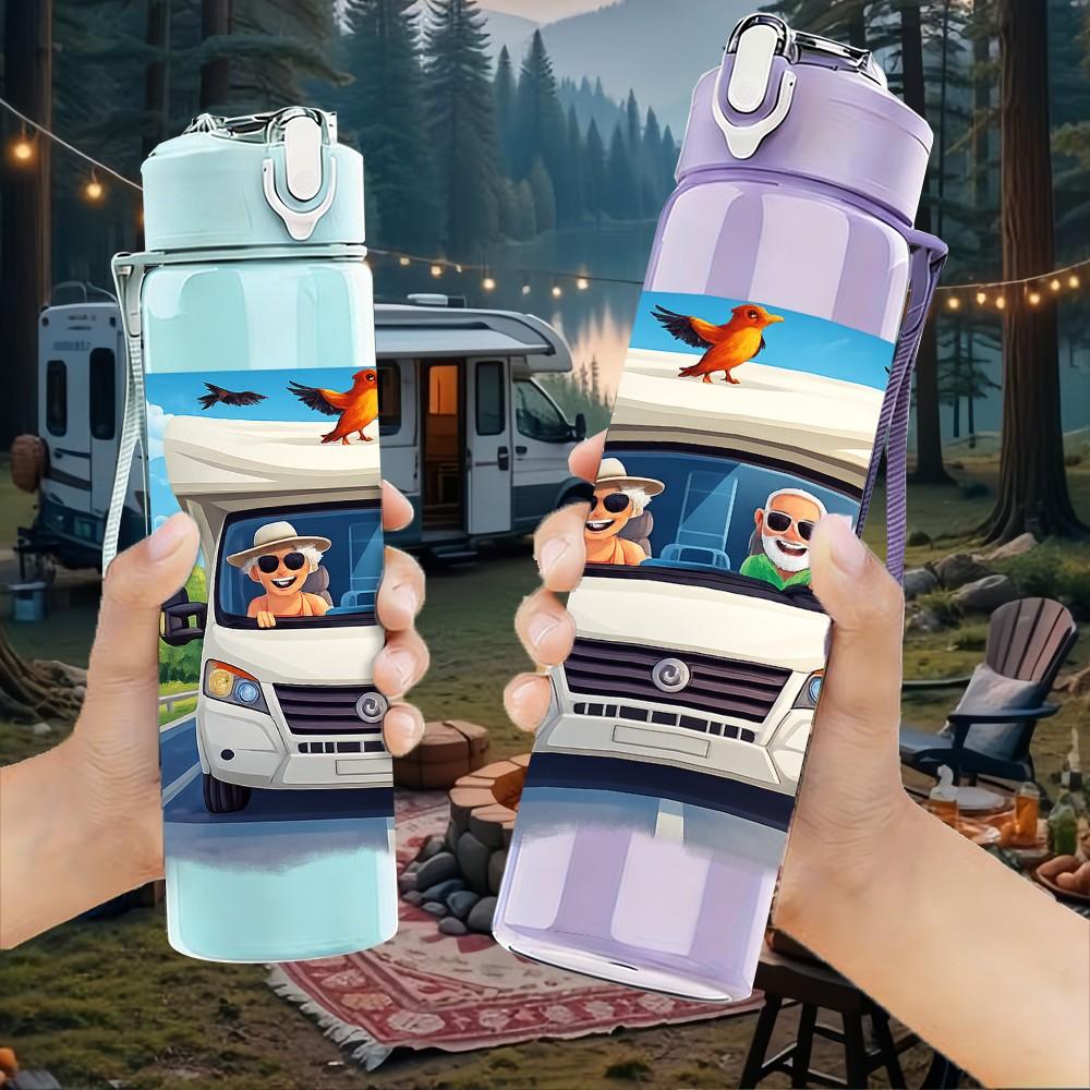 1PC Family Camper Van Travel Scene Print 750ml Color Plastic Sports Water Bottle Leakproof Flip Straw Lid Suitable for Sports Office Home Use