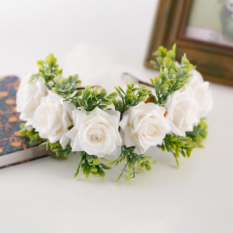Adjustable Floral Garland Handmade Rose Flower Wreath Headband with Ribbon for Wedding Festival Travelling Photo Props