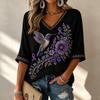 Women's 3D Print V-Neck Loose Fit Three-Quarter Sleeve T-Shirt Casual Top