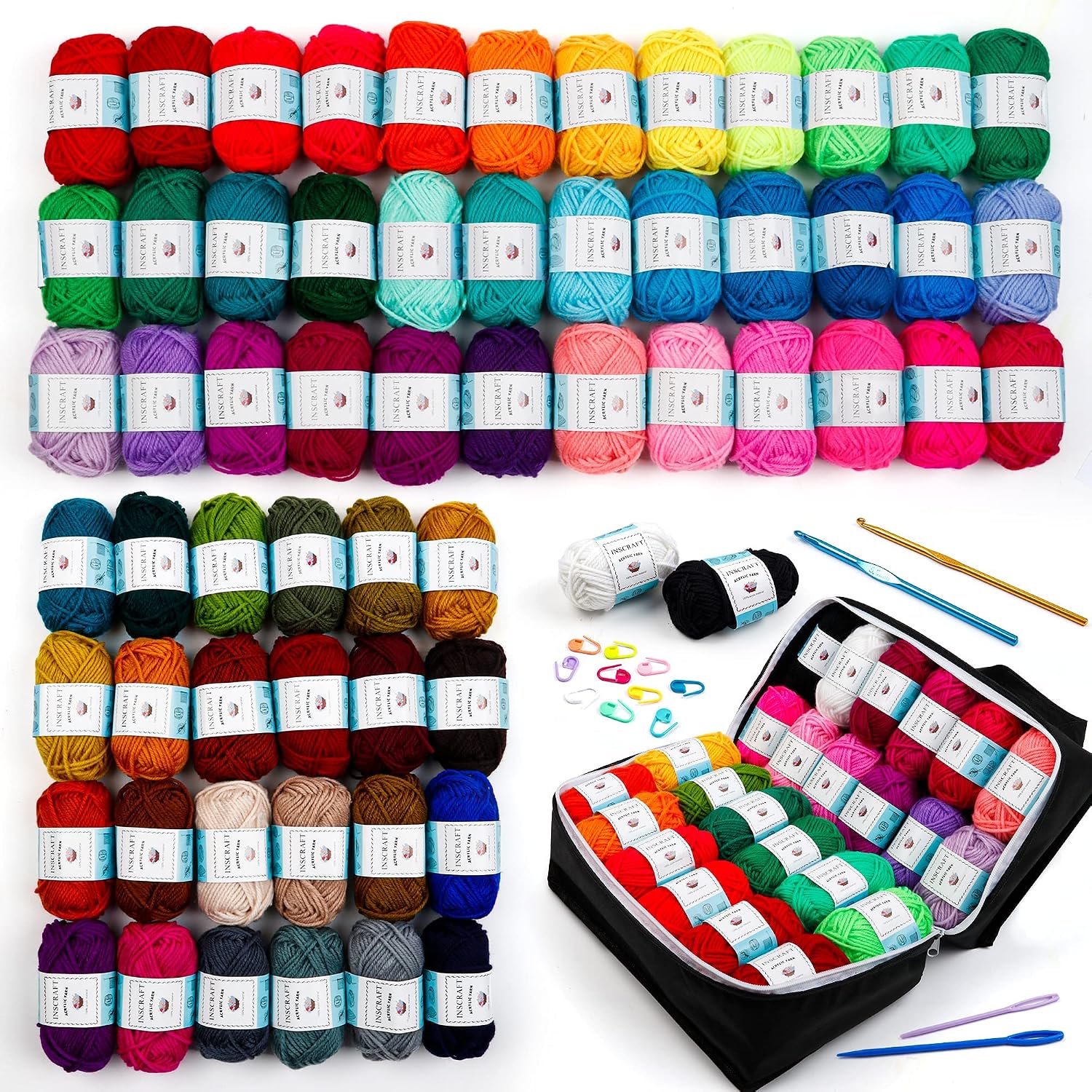 62 Acrylic Yarn Skeins, 2170 Yards Yarn for Knitting and Crochet, Includes 2 Crochet Hooks,2 Weaving Needles,10 Stitch Markers, Perfect Beginner Kit