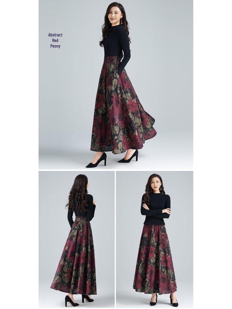Autumn/Winter High-End Retro Floral Wool Maxi Skirt with Pockets, High Waist, and Large Flare.