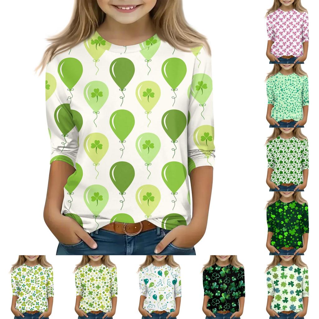 Print Tops For Youth Girls 5-16 Years Round Neck 3/4 Sleeves T-Shirts Trendy Tops Outfit Tees