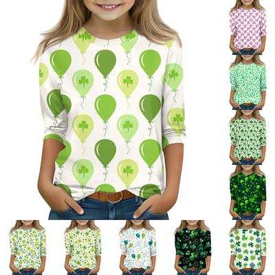 Bedruckte Oberteile für junge Mädchen von 5–16 Jahren, Rundhalsausschnitt, 3/4-Ärmel, T-Shirts, trendige Oberteile, Outfit-T-Shirts