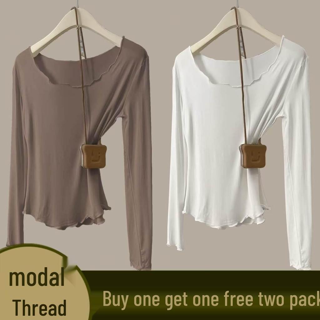 Women's Autumn Modal Ribbed Top: Round Neck, Long Sleeve, Rolled Hem, Base Layer T-Shirt