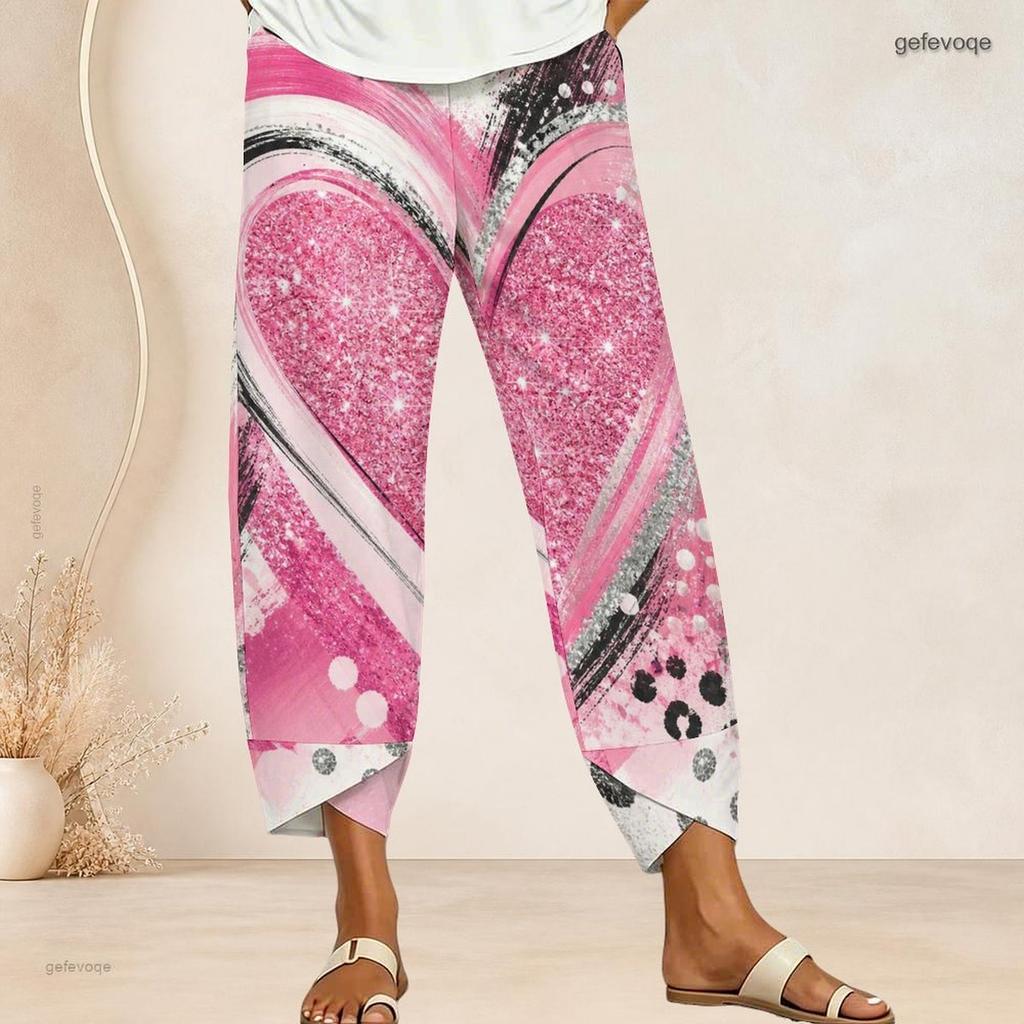 Women Plus Size Cross Hem Long Pants Colorful Sketch Heart Star Graffiti Print Loose Casual Trousers