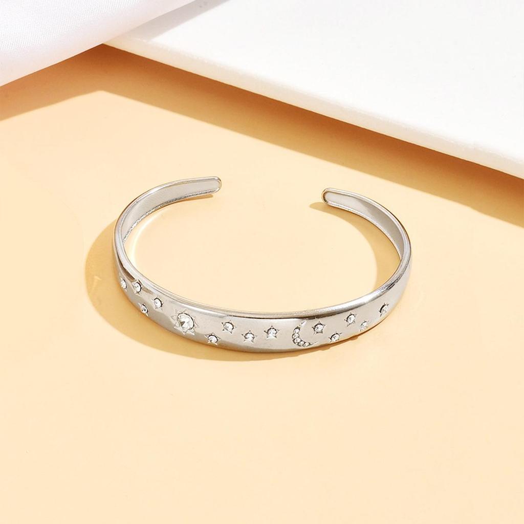Stainless Steel Retro Palace-Style Gold-Plated Bangle with Rhinestone Star & Moon Design