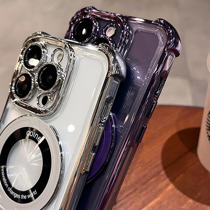 Metal Ring Kickstand Four Corners Shockproof Plating Clear Case For iPhone 16 15 14 13 11 Pro Max Plus Magsafe Magnetic Cover