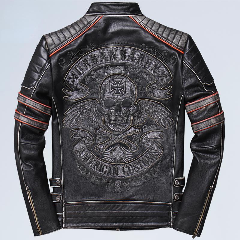 

Весенне-зимние куртки из натуральной кожи, мужские пальто из натуральной коровьей кожи с воротником-стойкой и вышивкой черепа, тонкие куртки в стиле панк, высокое качество XL