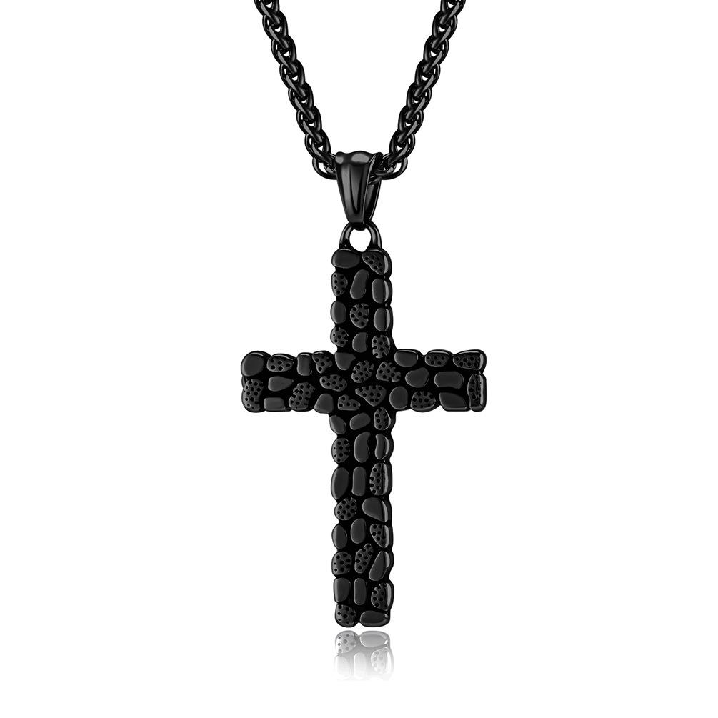 

European And American Retro Pebbles Titanium Steel Cross Necklace Men S Niche Personality Wear Gravel Road Pendant