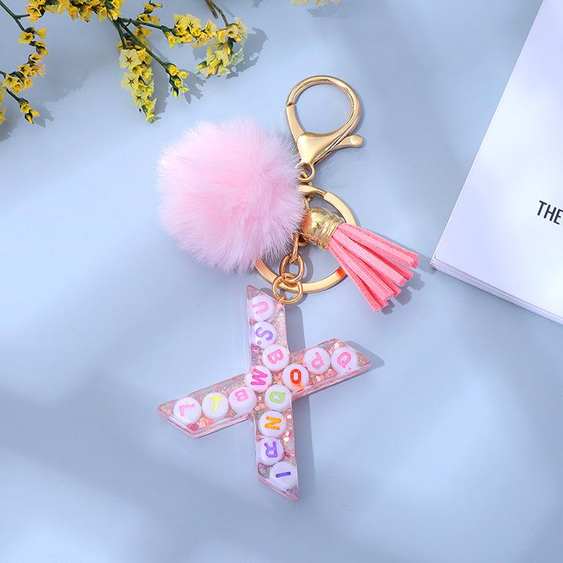 1PC Keyring Key Accessory Letter Filled Colourful Initial Pendant With Fluffy Keychain Glitter Tassel Charms For  Bags Backpacks