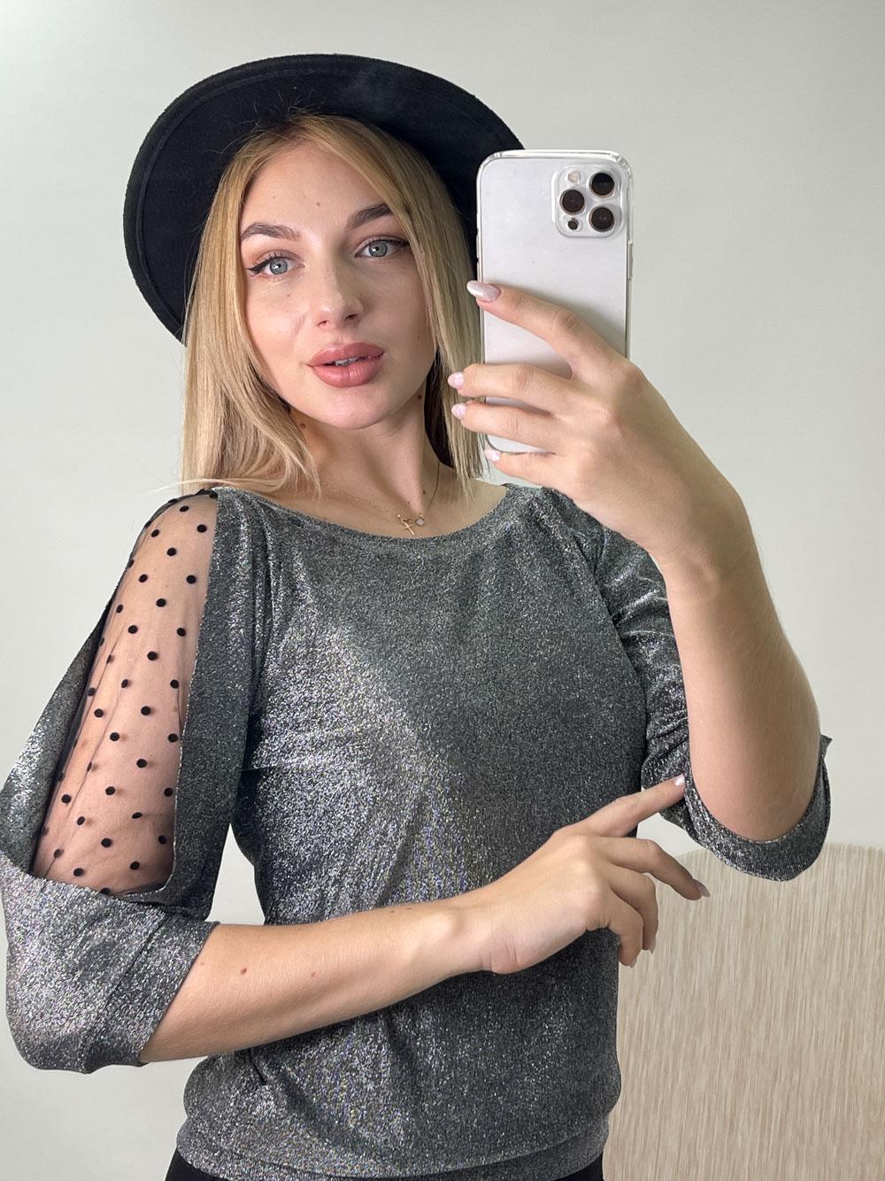 

Блузка з люрексом, рукав сітка горох Inedit 0102-1 XL сірий