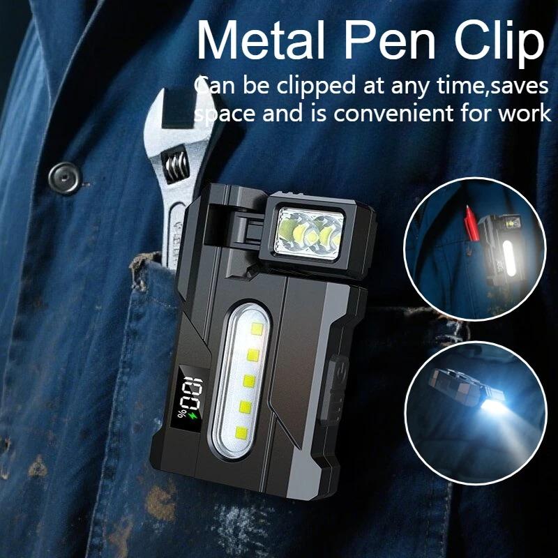 Rechargeable Dual Light Flashlight Rotatable Pocket Work Light with Metal Clip EDC Torch for Outdoor Camping Hiking Emergency