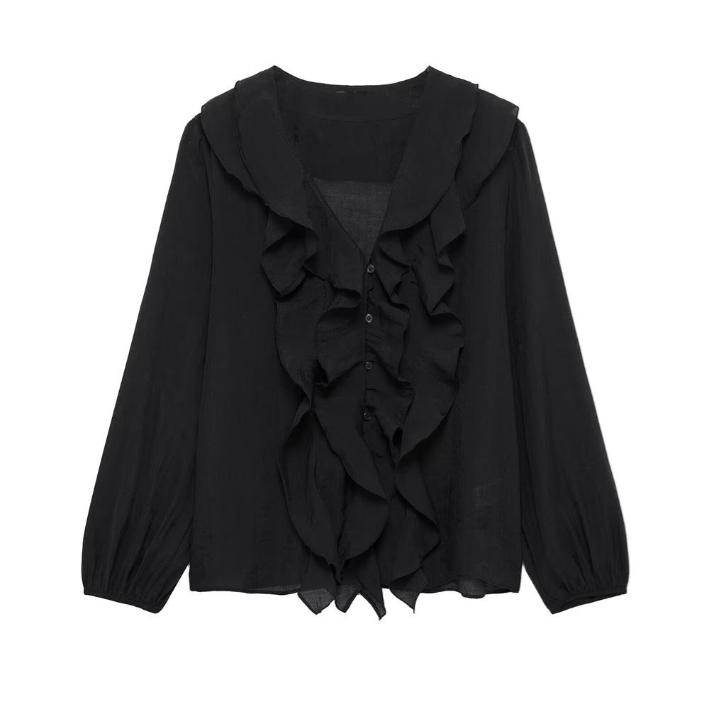 

Женская приталенная рубашка с V-образным вырезом и многослойной отделкой, весна/лето 2025 XS чёрный