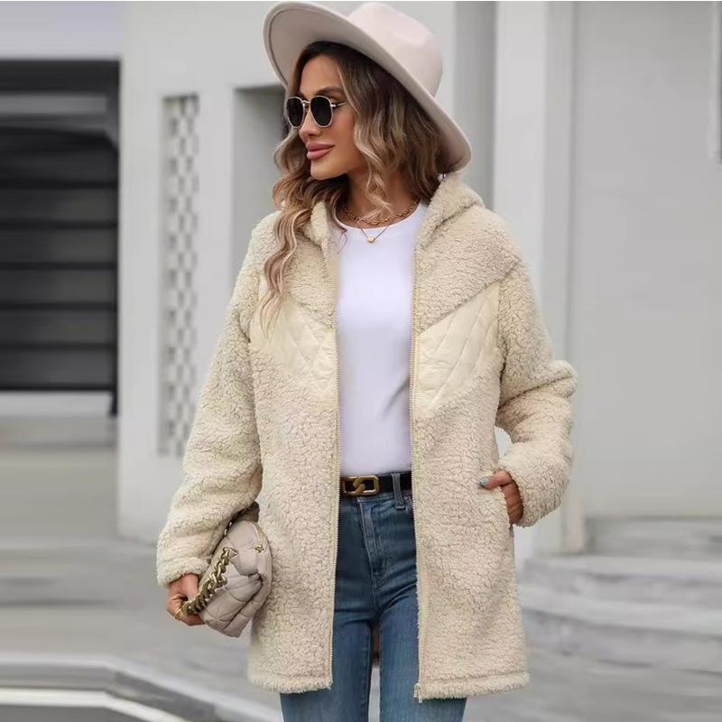 

Женская одежда Европейская, Американская осенне-зимняя толстовка на молнии с капюшоном, свободная повседневная плюшевая куртка средней длины S абрикосовый