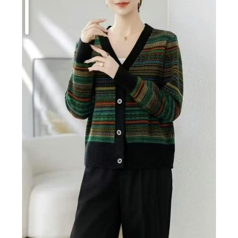 Spring New Word Collar Contrasting Color Buckle Loose Color Bar Fashion Casual Knitted Jacket Cardigan Sweater Women