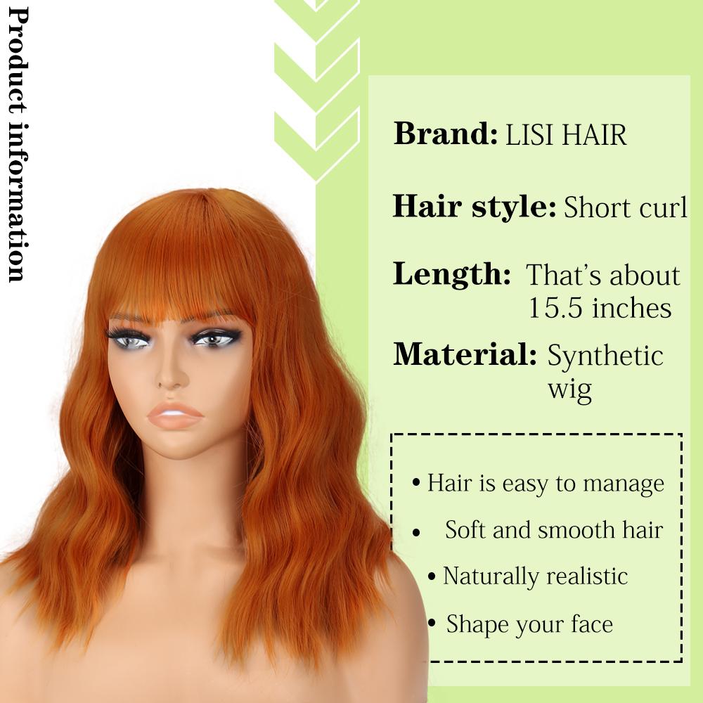 MISSQUEEN Synthetic Fiber Short Wavy Wig Middle Length Natural Wave Hair with Bangs for Women Orange Wig Cosplay Party