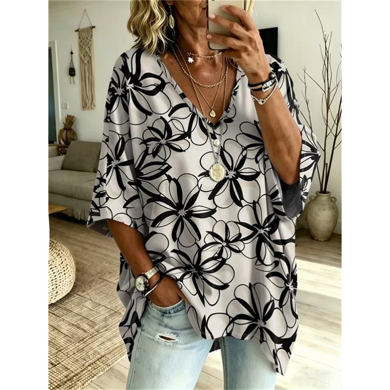 Printed Plus-Size Women's V-Neck Batwing Sleeve T-Shirt Bohemian Ethnic Print Loose Top Summer Comfortable Breathable Daily Commute Casual
