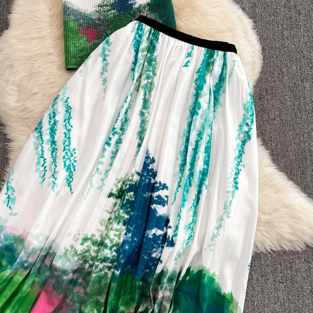 Women's Fashion Suit Gradient Color Slim Short Top Two Piece High Waist Pleated Skirt