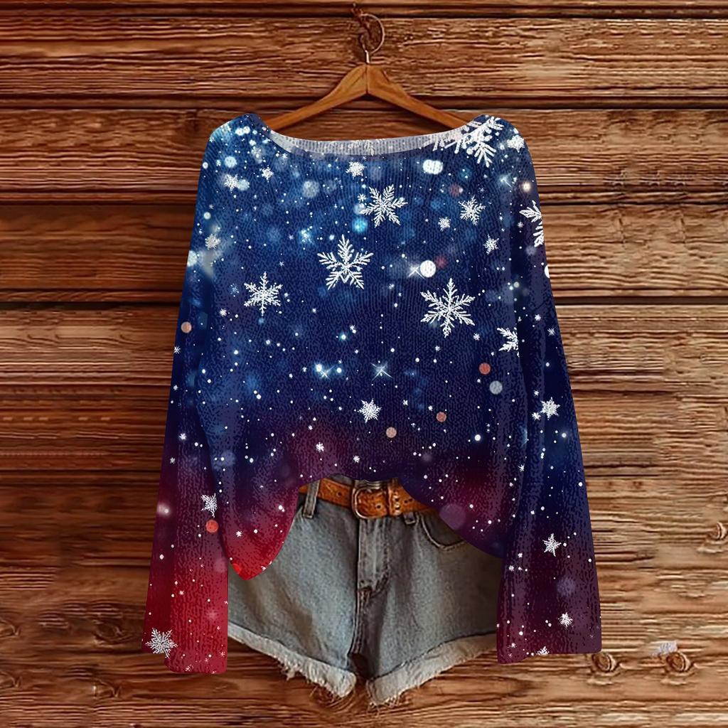 Women's Round Neck Lightweight Sweater Casual Long Sleeve Christmas Print Knit Pullover.