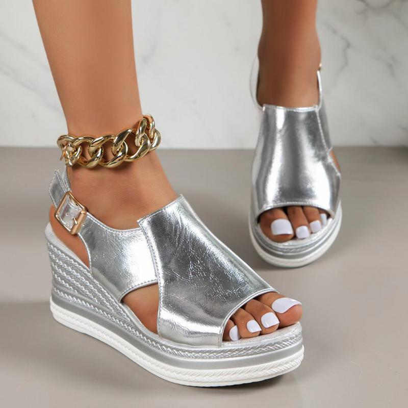 Fashion Silver Wedge Sandals Leather Summer Shoes High Heel Buckle Platform Sandals Woman Outdoor Thick Sole Women Sandals Peep Toe 2025