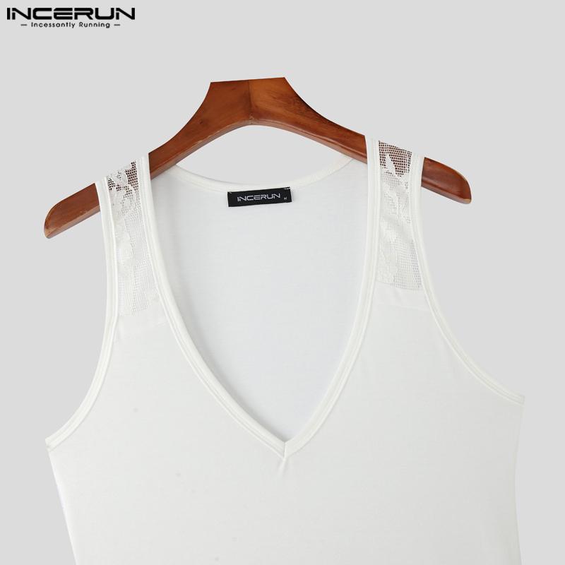 INCERUN Letní pánské tílko s V výstřihem, bez rukávů, s krajkovými ramínky, úzké, ležérní