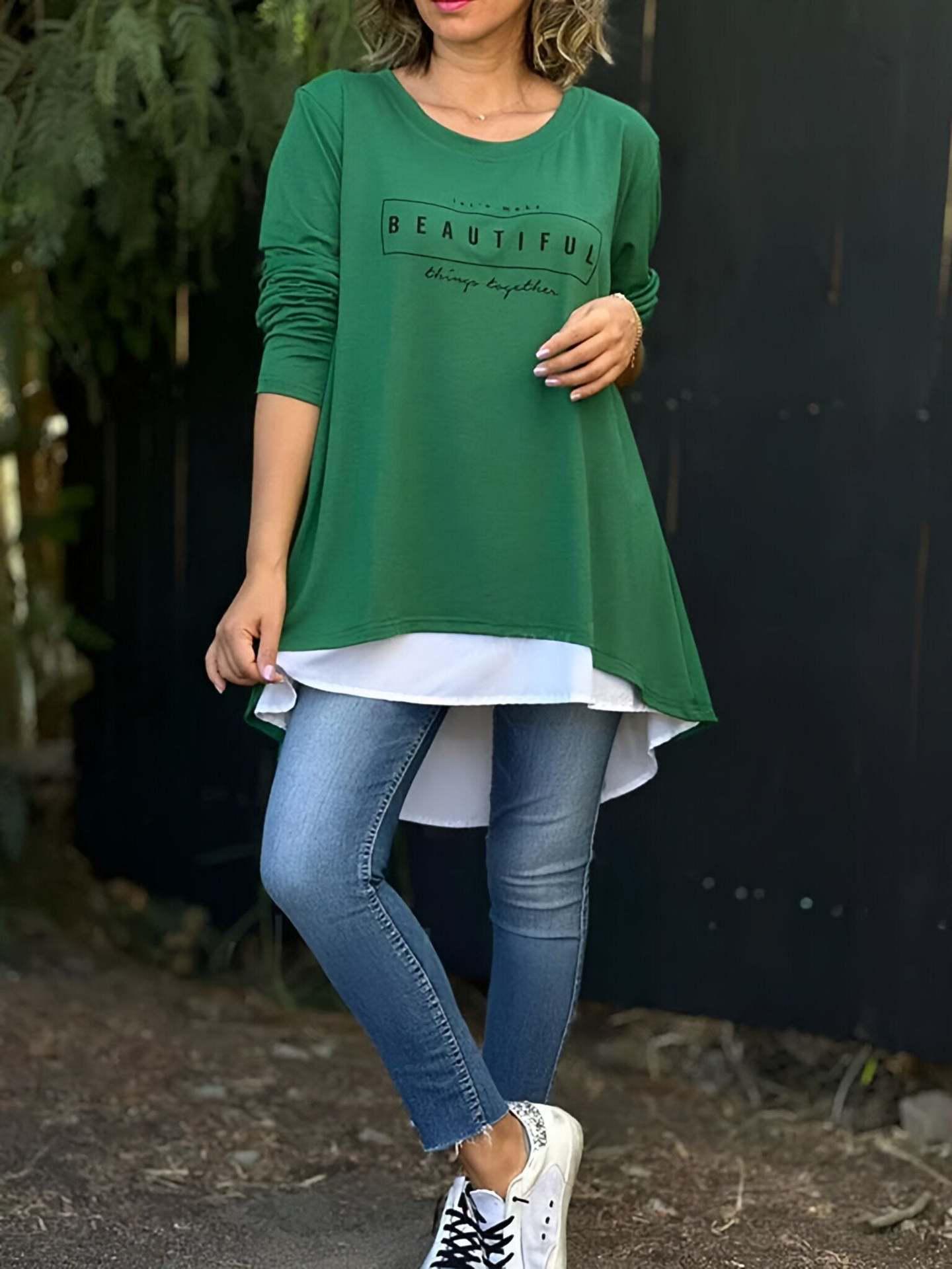 

Women s 2024 Autumn Long Sleeve Round Neck Top with Back Button and Letter Print - Faux Two-Piece Design 3XL зелений