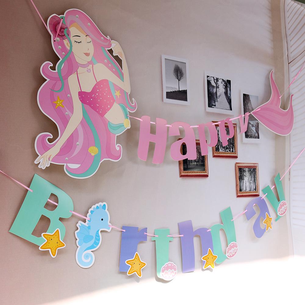 Mermaid Glitter Happy Birthday Banner - Party Decoration Flag
