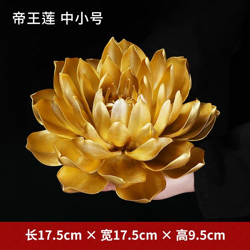 New Chinese Style Handmade Golden Emperor Lotus Figurine for Buddhist Decor with Zen Incense Burner Ceramic Miniatures