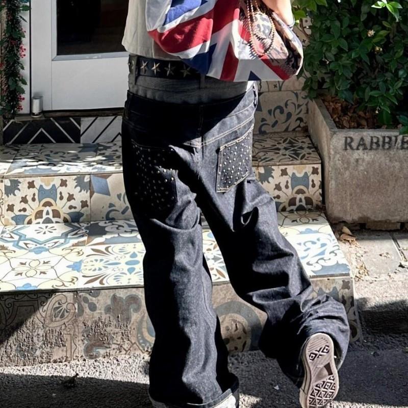 Mens Oversized Straight Leg Denim Jeans Black Vintage Washed Cotton Wide Fit Relaxed Casual Pants