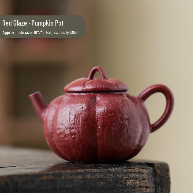 Red Glaze Ceramic Pumpkin Teapot: Traditional Chinese Handmade Gongfu Tea Pot for Home Use.