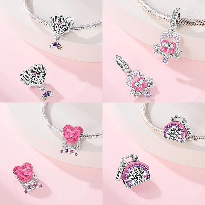 Copper Metal Sisters Friendship Series Pink Heart Charm Bead Component Forever Love Bead Components Compatible With Authentic Original Bracelet High