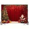 Red Curtain Christmas Backdrop with Santa & Gifts for Holiday Party