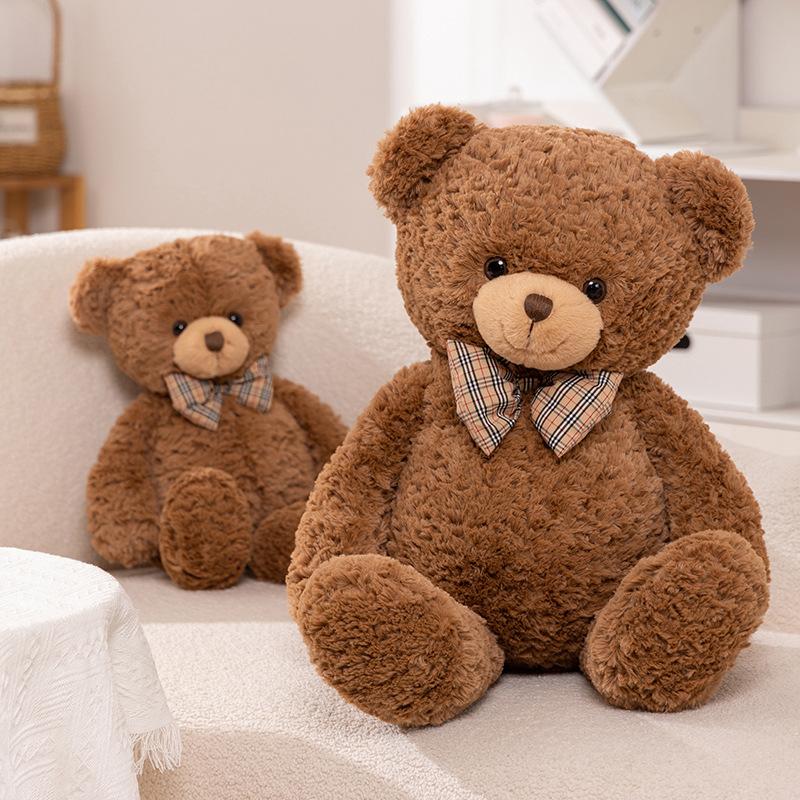 Kawaii Bow Tie Bear Doll Plush Toy Brown Hug Pillow for Home Living Room Bedroom Birthday Gift Soft Stuffed Bear