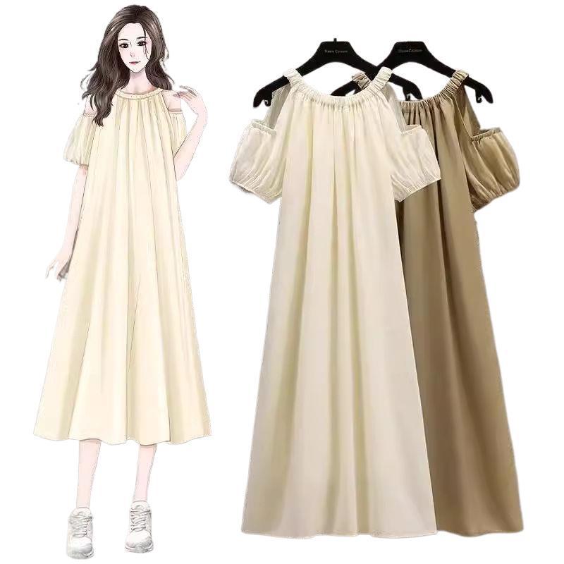 Korean Style Plus Size Off-Shoulder Summer Midi Dress - French Sweet, Loose Fit, Cover Belly Design for Women