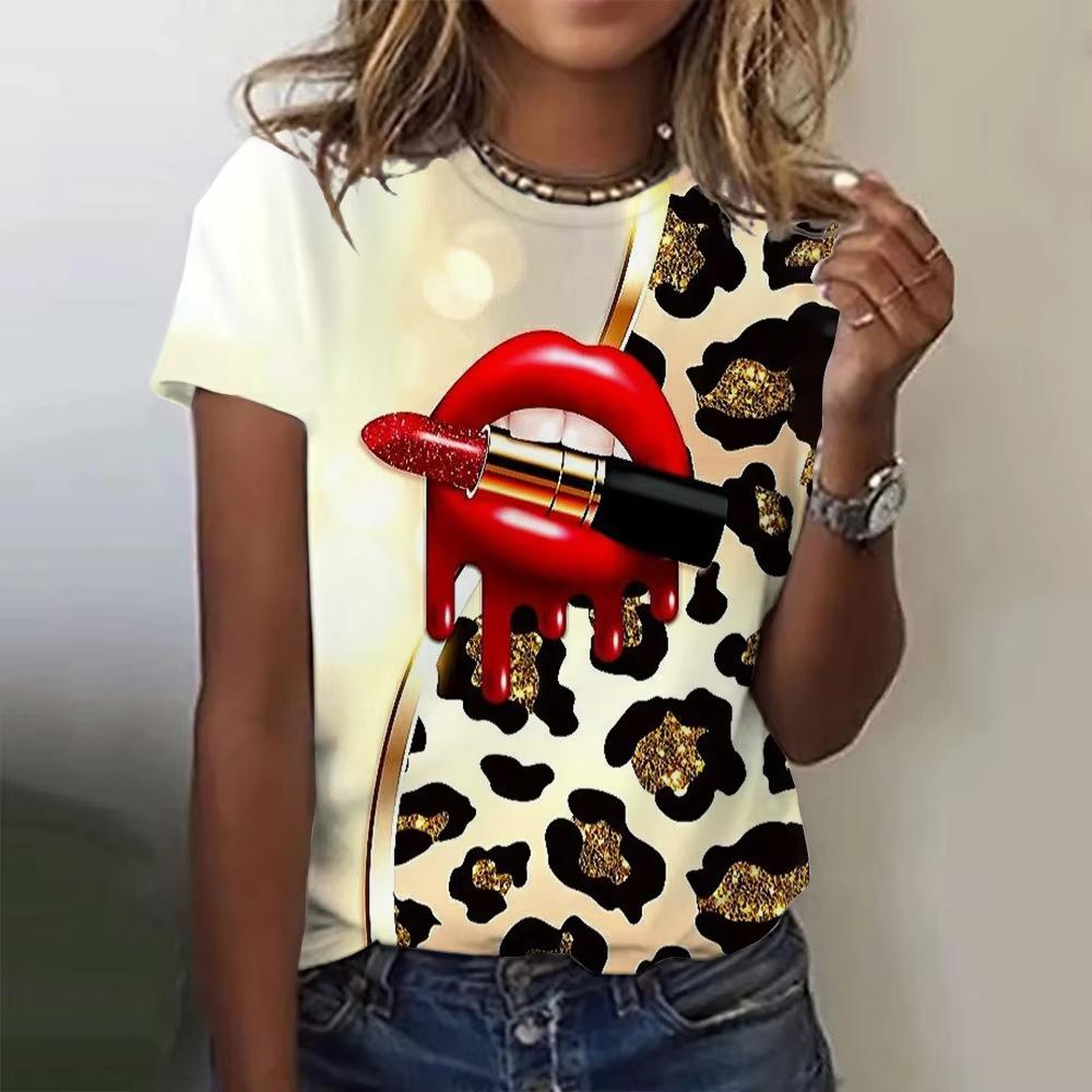 Sommer Rundhals 3D Leopardenmuster Bedrucktes Oberteil Modische Lässige Kurzarm Damen T-Shirts