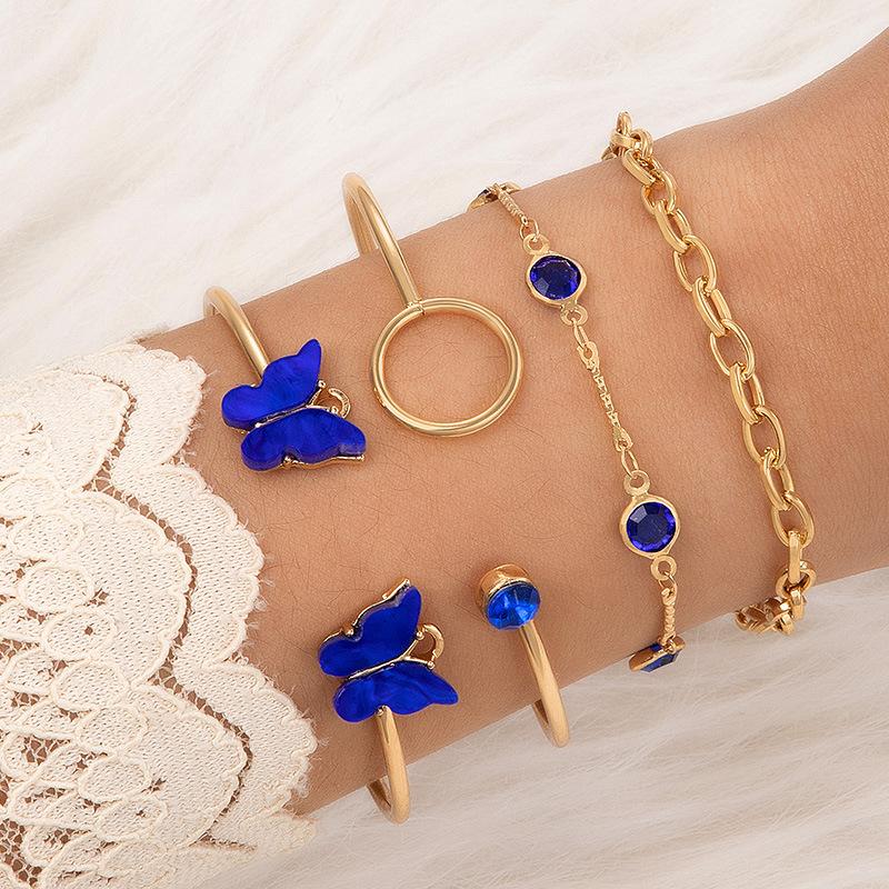Accessories, Butterfly Imitation Gemstone Hollow Four-layer Bracelet, Geometric Opening Four-piece Bracelet Set