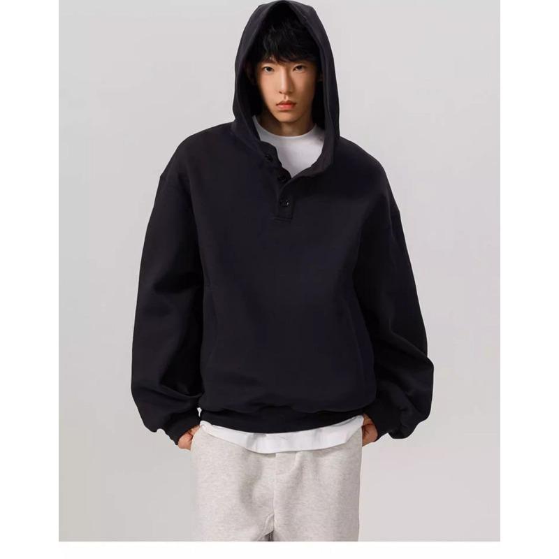 Henley Collar Button Hooded Sweatshirt Men In Autumn Winter Trendy Brand Loose Niche Design Casual Jacket